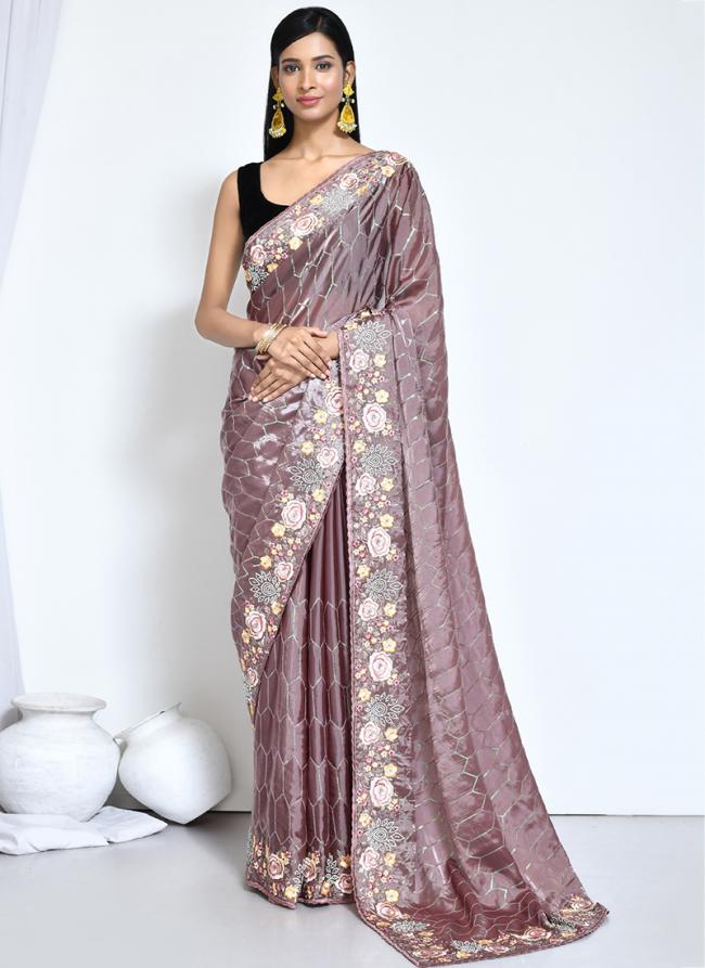 Satin Silk Brown Wedding Wear Embroidery Work Saree
